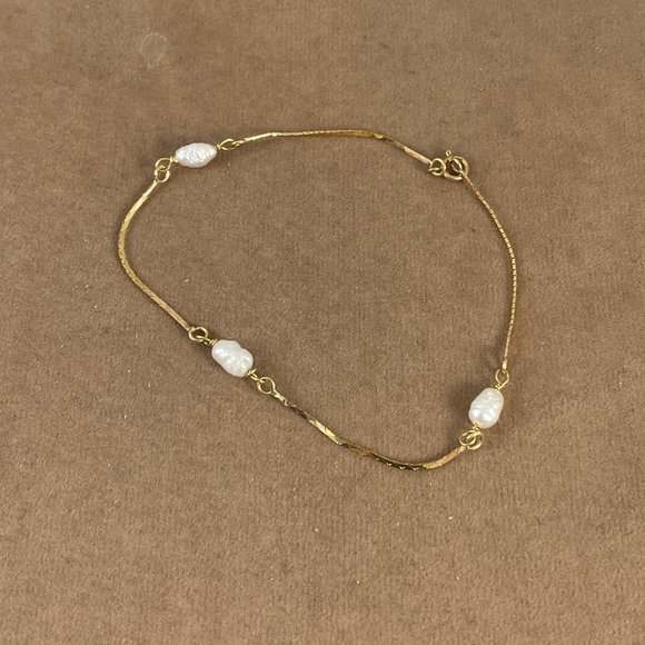 Vintage 14K Gold Cobra Chain & Rice Pearl Bracelet - Picture 3 of 7